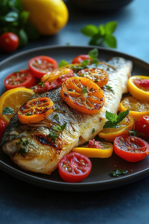 Grilled sea bass fish with lemon and tomatoes, selective focus imageの素材