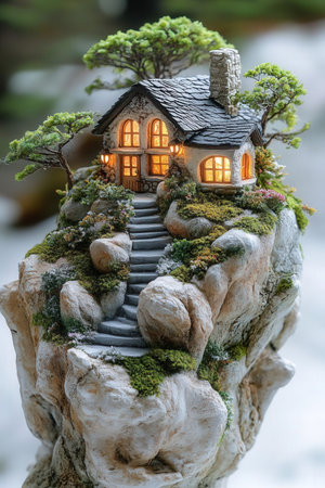 Miniature house on a rock with green moss, close-upの素材