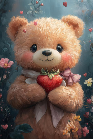 Teddy bear with a red heart on the background of flowers.の素材