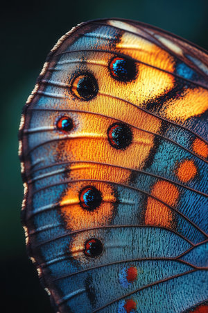 Close up of a butterfly wing in the nature. Colorful background.の素材