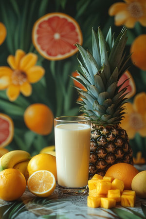 Glass of fresh milk with tropical fruits on table. Healthy food conceptの素材
