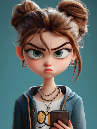 Closeup portrait of a sad girl with mobile phone in hand.の素材