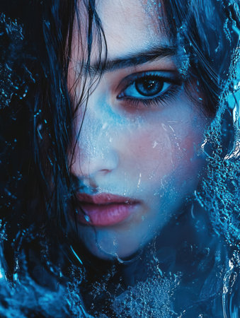 Portrait of a beautiful young woman in water. Beauty, fashion.の素材