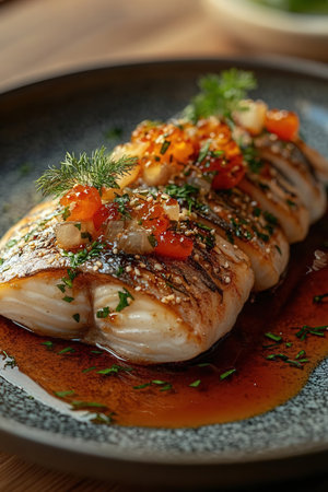 Grilled halibut fish with tomato and herbs on a plateの素材