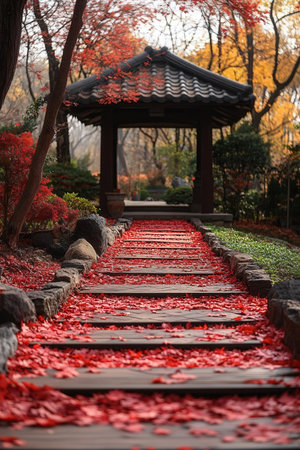 Autumn leaves in the Japanese garden with a pavilion in the backgroundの素材