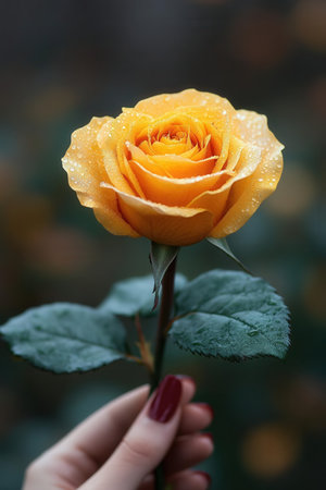 Beautiful yellow rose with water drops on the petals in handの素材