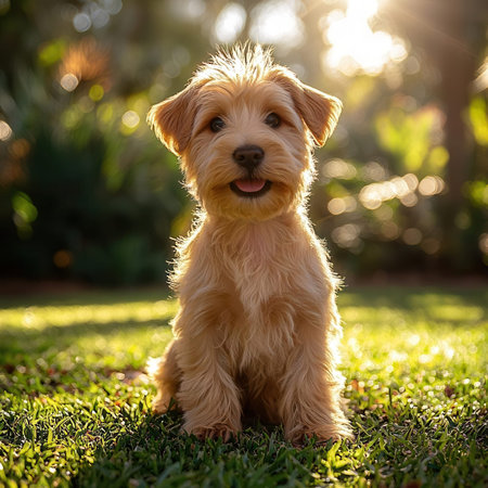 Cute little mixed breed dog sitting on green grass at sunset.の素材