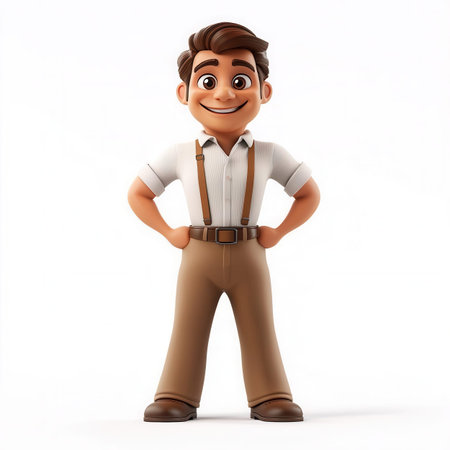 3d illustration of happy man with suspenders, isolated white backgroundの素材