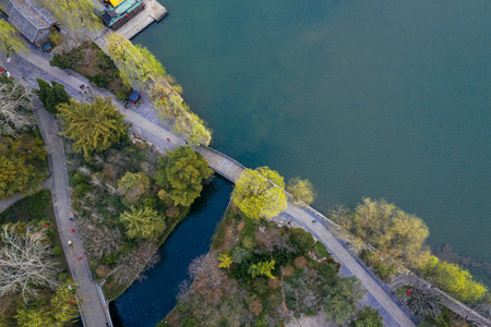 Aerial view of a bridge over a lake in autumn, China
