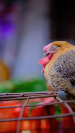 chicken in the cage, selective focus on the head of chicken