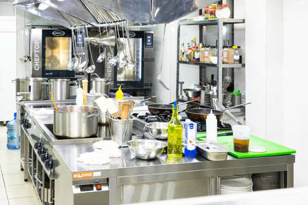 Ufa, Russia January 4, 2020: The kitchen in the restaurant. Cooking equipmentのeditorial素材