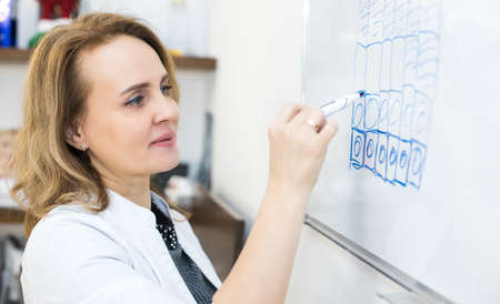 The cosmetologist draws on the blackboard the structure of the human skin. Skin care and protection