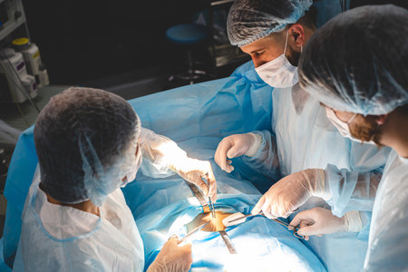 An international team of doctors performs a complex surgical operation on a patient under...