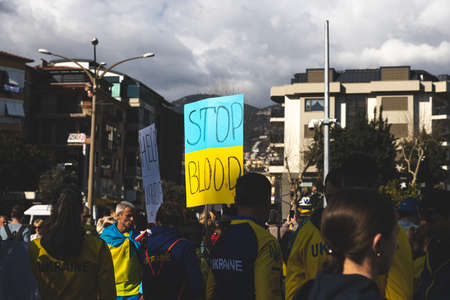 Alanya, Turkey. February 26, 2022: Stop war. demonstration of Ukrainian people against the entry of...