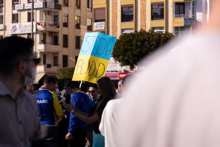 Alanya, Turkey. February 26, 2022: Stop war. demonstration of Ukrainian people against the entry of Russian troops, solders into Ukraine, against Putin. The War in Europeのeditorial素材