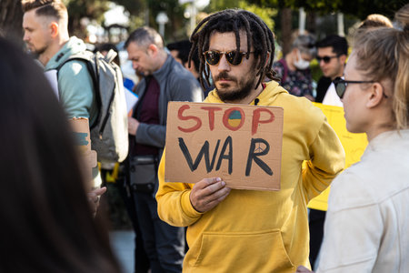 Stop war. demonstration of Ukrainian people against the entry of Russian troops, solders into Ukraine, against Putin. The War in Europeのeditorial素材