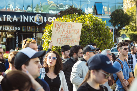 Alanya, Turkey. February 26, 2022: Stop war. demonstration of Ukrainian people against the entry of Russian troops, solders into Ukraine, against Putin. The War in Europeのeditorial素材