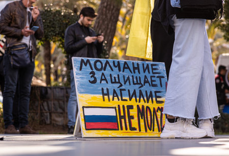 Alanya, Turkey. February 26, 2022: Stop war. demonstration of Ukrainian people against the entry of Russian troops, solders into Ukraine, against Putin. The War in Europeのeditorial素材