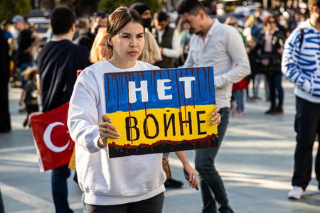 Alanya, Turkey. February 26, 2022: Stop war. demonstration of Ukrainian people against the entry of...