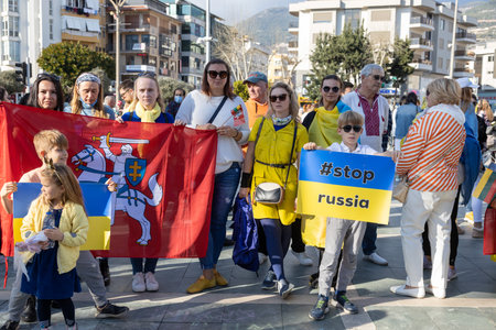 Alanya, Turkey. February 26, 2022: Stop war. demonstration of Ukrainian people against the entry of Russian troops, solders into Ukraine, against Putin. The War in Europeのeditorial素材