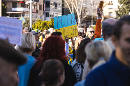 Alanya, Turkey. February 26, 2022: Stop war. demonstration of Ukrainian people against the entry of Russian troops, solders into Ukraine, against Putin. The War in Europeのeditorial素材