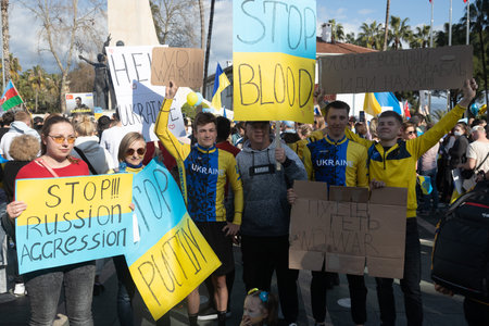 Alanya, Turkey. February 26, 2022: Stop war. demonstration of Ukrainian people against the entry of Russian troops, solders into Ukraine, against Putin. The War in Europeのeditorial素材