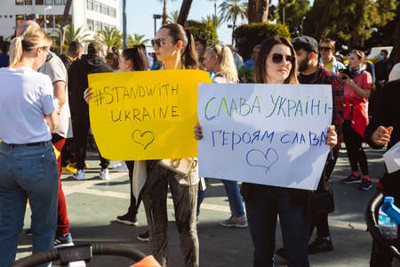 Alanya, Turkey. February 26, 2022: Stop war. demonstration of Ukrainian people against the entry of Russian troops, solders into Ukraine, against Putin. The War in Europeのeditorial素材