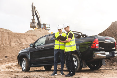 Two male engineers in overalls and white helmets stand near a special vehicle against the background of the construction of a road or facility and working equipmentの写真素材