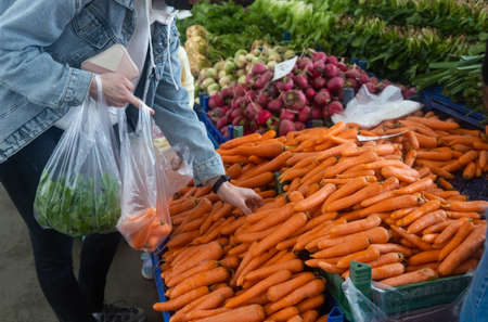 Buying fresh organic produce at the farmers market. A woman chooses fresh herbs, vegetables and fruits at a food fair.の写真素材