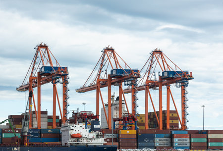 December 2, 2022 Mersin, Turkey: Operation of a large international cargo container port. Large cranes unload container ships and move cargo in a major seaport.のeditorial素材