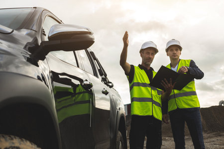 Two male engineers in overalls and white helmets stand near a special vehicle against the background of the construction of a road or facility and working equipmentの写真素材