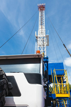Mobile drilling rig close-up. Drilling and servicing oil and gas wellsの写真素材