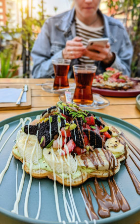 Delicious waffle dessert with fruits on the table of a street restaurantの写真素材