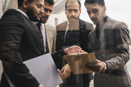Business people outdoor meeting. Men in jackets discuss working moments together by brainstorming. Teamwork and partnership in business processesの写真素材