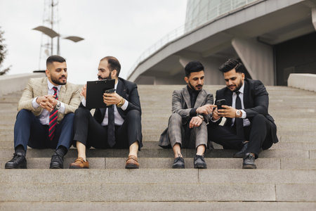 Business people outdoor meeting. A company of male businessmen in suits are sitting on the steps of the stairs. Working break. Discussion and conversation.の写真素材