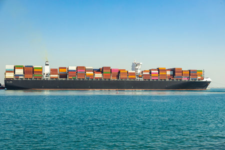 Large cargo container ship loaded with containers against the blue skyの写真素材