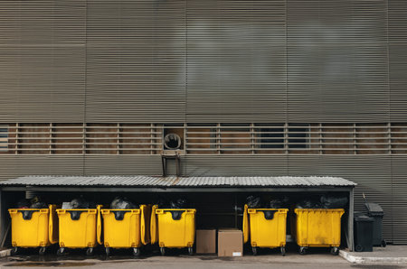 Yellow trash containers on a city street against the background of a building wallの写真素材