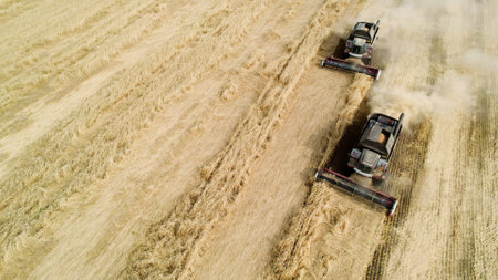 Ufa, Russia; August 23, 2022: Aerial shot from above harvesters gathering crops from agricultural...