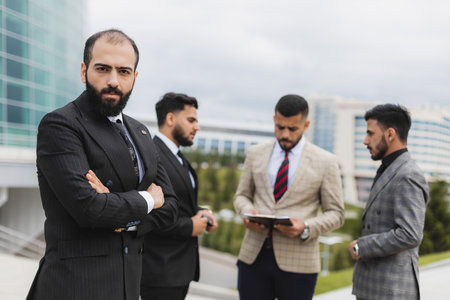 Business people outdoor meeting. Portrait of a business man against the background of a group of people and buildings of the city centerの写真素材