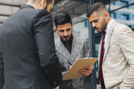 Business people outdoor meeting. A group of business people meet outdoors. Male employees in suits communicate outdoors. Business partners discuss and argue. Relationships and promotion.の写真素材