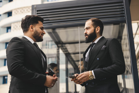Business people outdoor meeting. Male employees in suits communicate outdoors. Business partners discuss and argue. Relationships and promotion. Teamwork and friendshipの写真素材