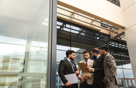 An international successful business team of male entrepreneurs in suits met to discuss development ideas. Efficient work and corporate spiritの写真素材