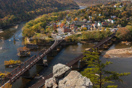 Aerial view of Historical Harpers Ferry, West Virginia as seen from MAryland Heights.  Harpers Ferry, located at the confluence of the Potomac and Shenandoah Rivers,  was the site of key Civil War fighting.の写真素材