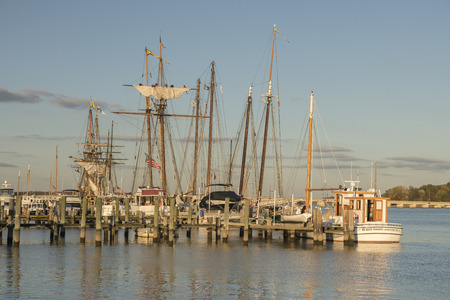 Chestertown, MD â€“ October 30, 2015: Tall sailing ships docked at marina during Sultana...