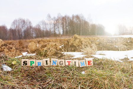 A colorful inscription spring made up of wooden cubes stands on a plowed field in spring. The...