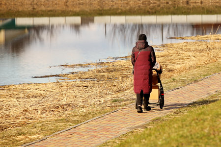 A young mother walks in the park with a baby carriage on a sunny day. Baby's stay in the fresh air.の写真素材