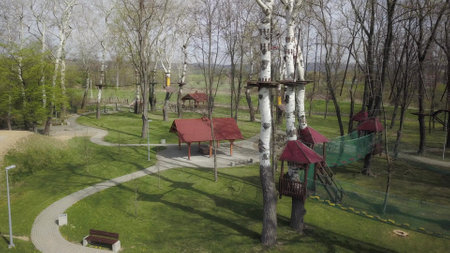 Scandinavian attraction for sporting events. Insurance rope and remedies. Safety at height. Extreme sports. Active lifestyle and youth education. Landscaping amusement park.の写真素材