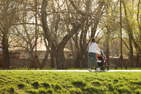 A young mother walks in the park with a baby carriage on a sunny day. Baby's stay in the fresh air.の写真素材