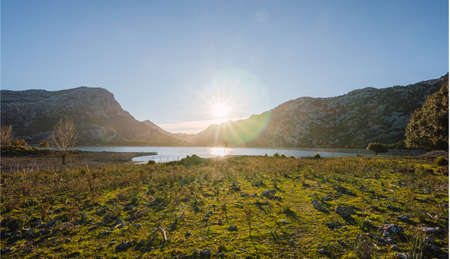 Landscape at sunset in Cuber Majorca. Sunset on a mountain lake. "Serra de tramuntana"の写真素材