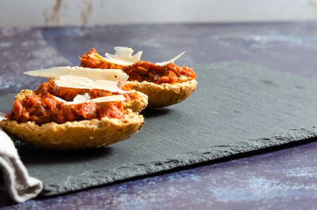 Three toasts with sobrasada and cheeseの写真素材